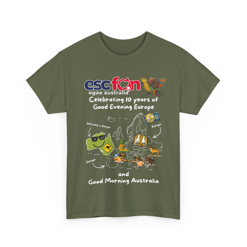 T-Shirt | 10 Year Anniversary - Front Print only - White Logos - Good Evening Europe Good Morning Australia