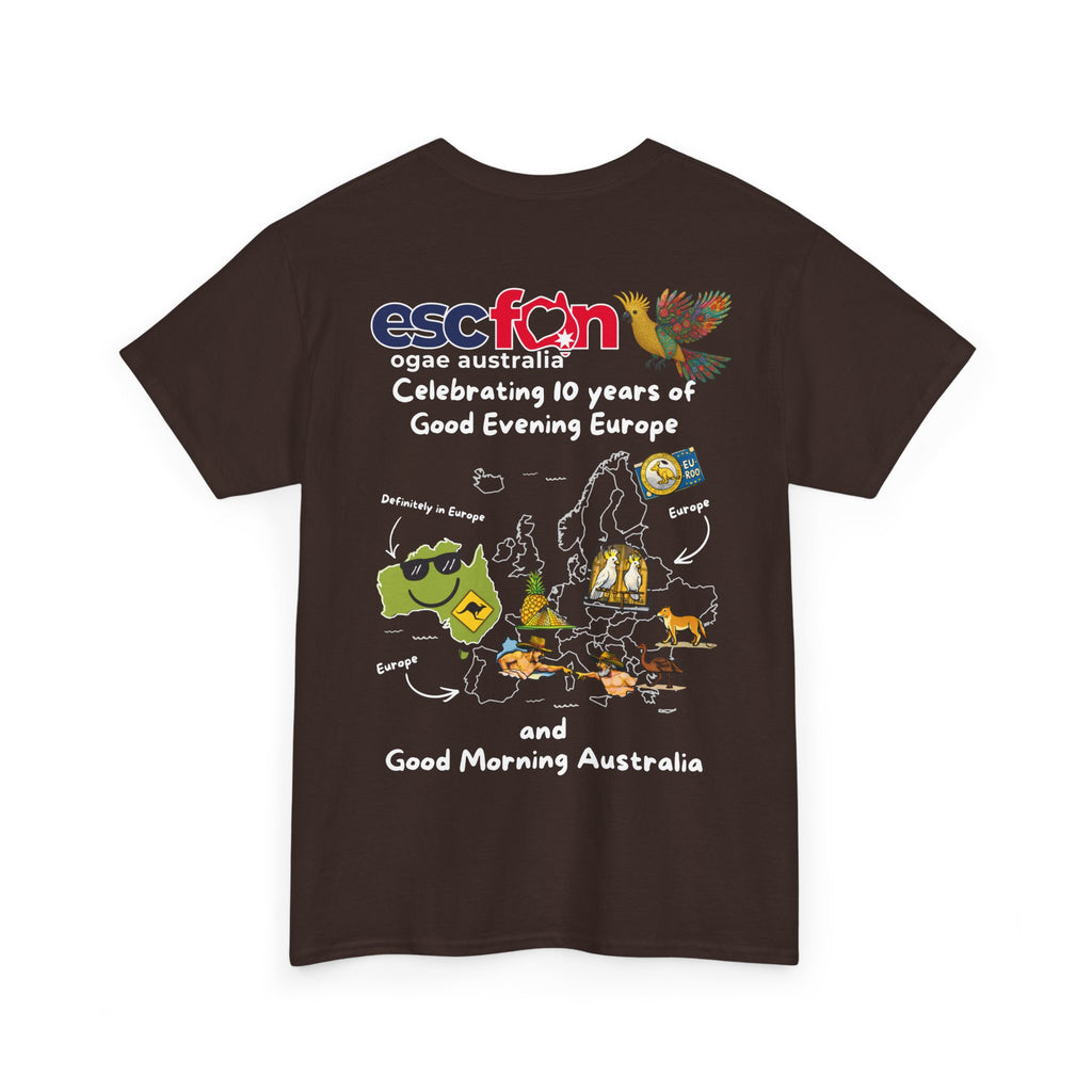 T-Shirt | 10 Year Anniversary - Back Print only - White Logos - Good Evening Europe Good Morning Australia