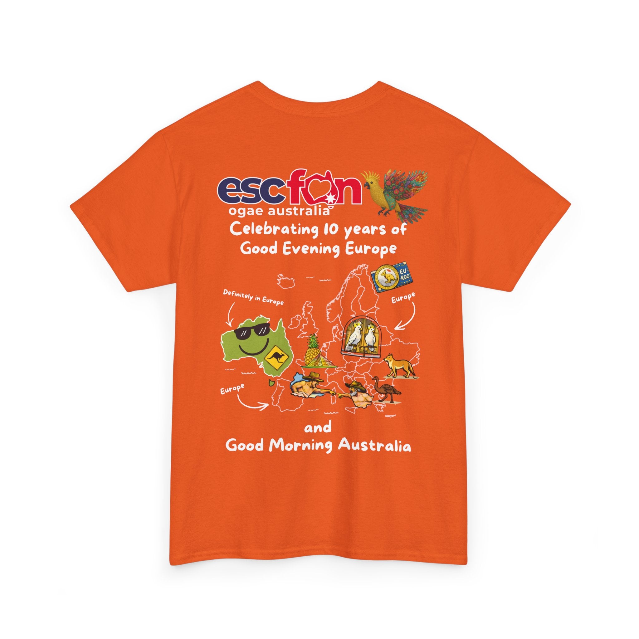 T-Shirt | 10 Year Anniversary - Back Print only - White Logos - Good Evening Europe Good Morning Australia