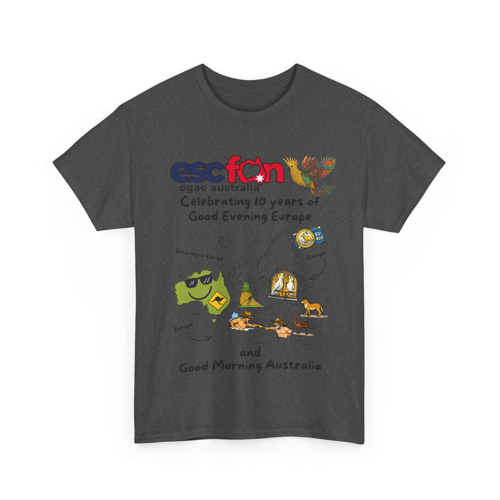 T-Shirt | 10 Year Anniversary - Front Print only - Black Logos | Good Evening Europe Good Morning Australia