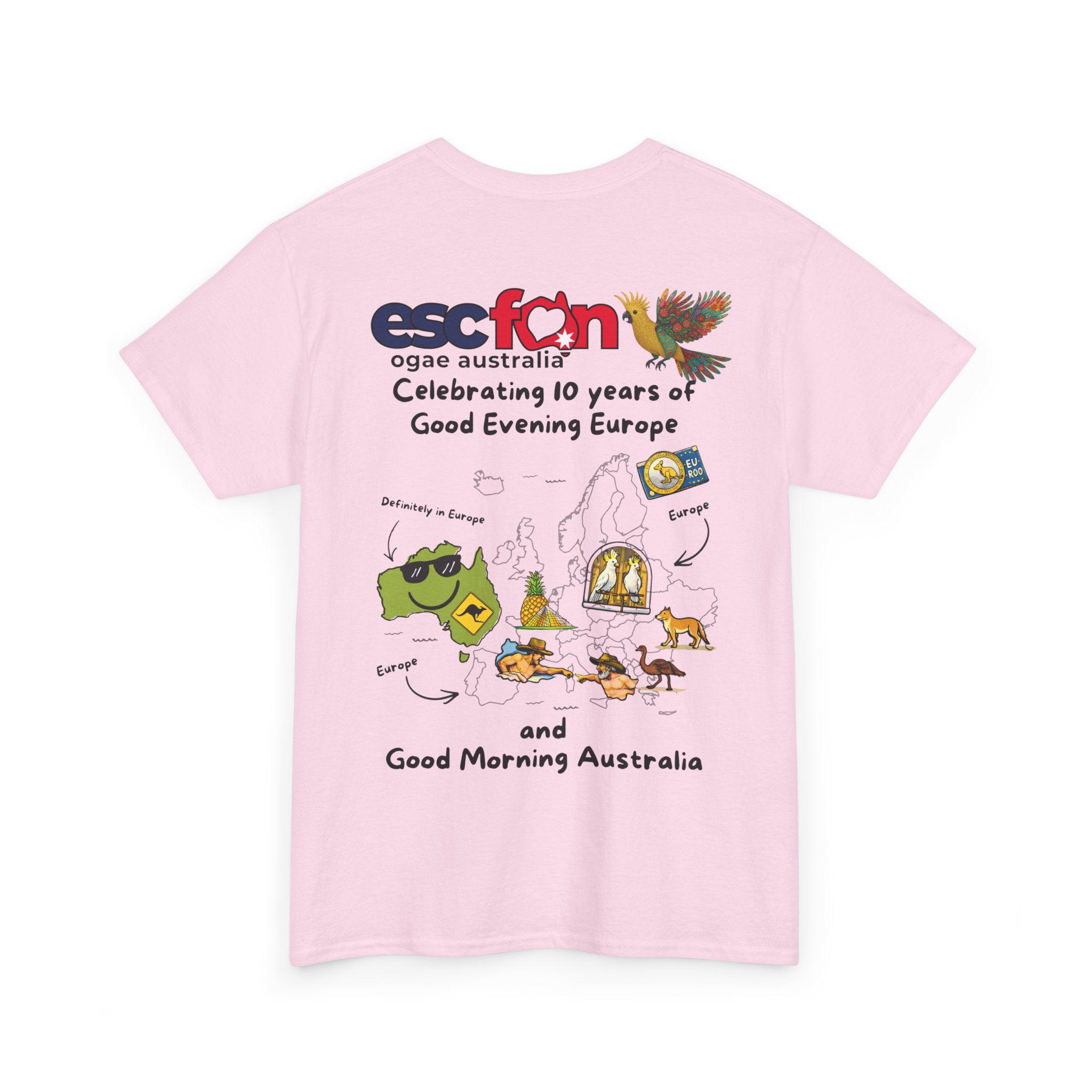 T-Shirt | 10 Year Anniversary - Back Print only - Black Logos | Good Evening Europe Good Morning Australia