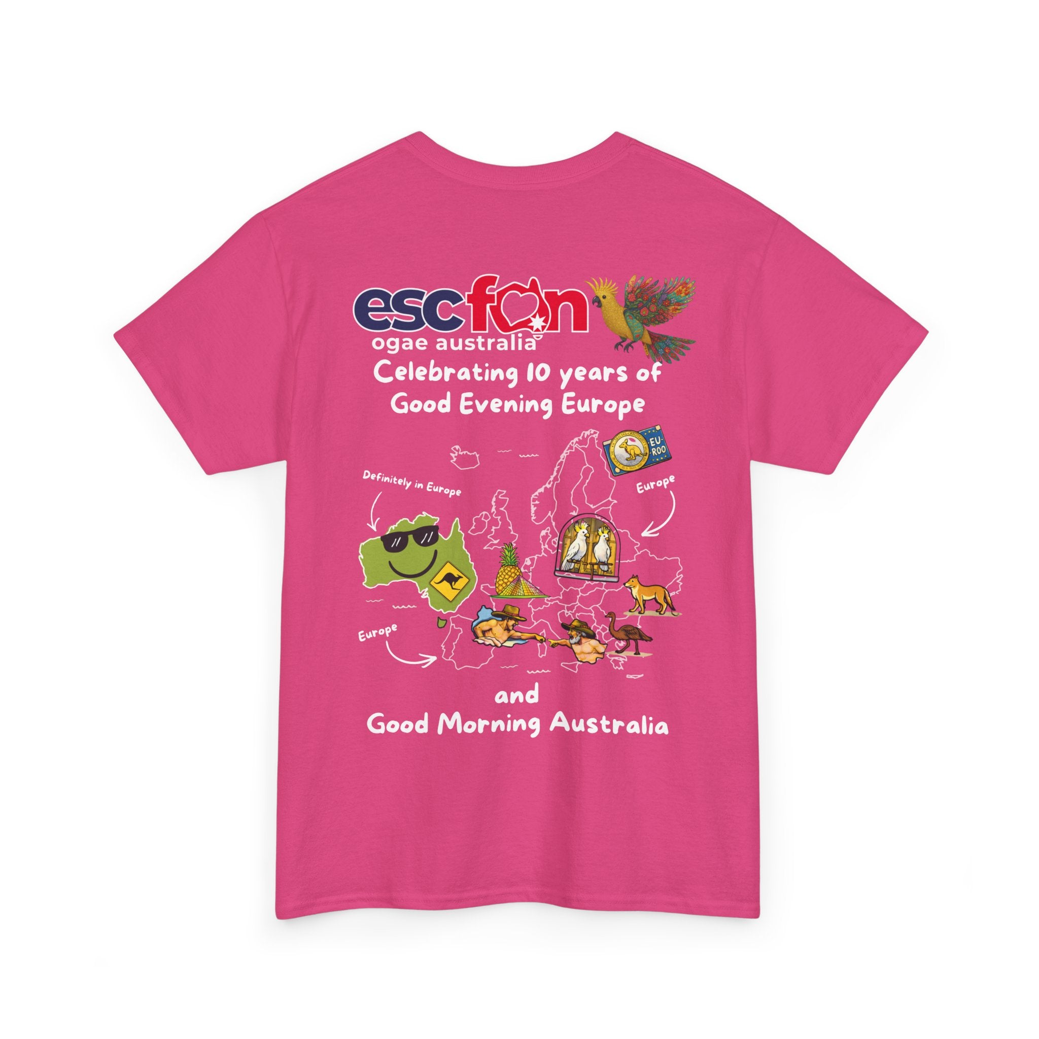 T-Shirt | 10 Year Anniversary - Back Print only - White Logos - Good Evening Europe Good Morning Australia