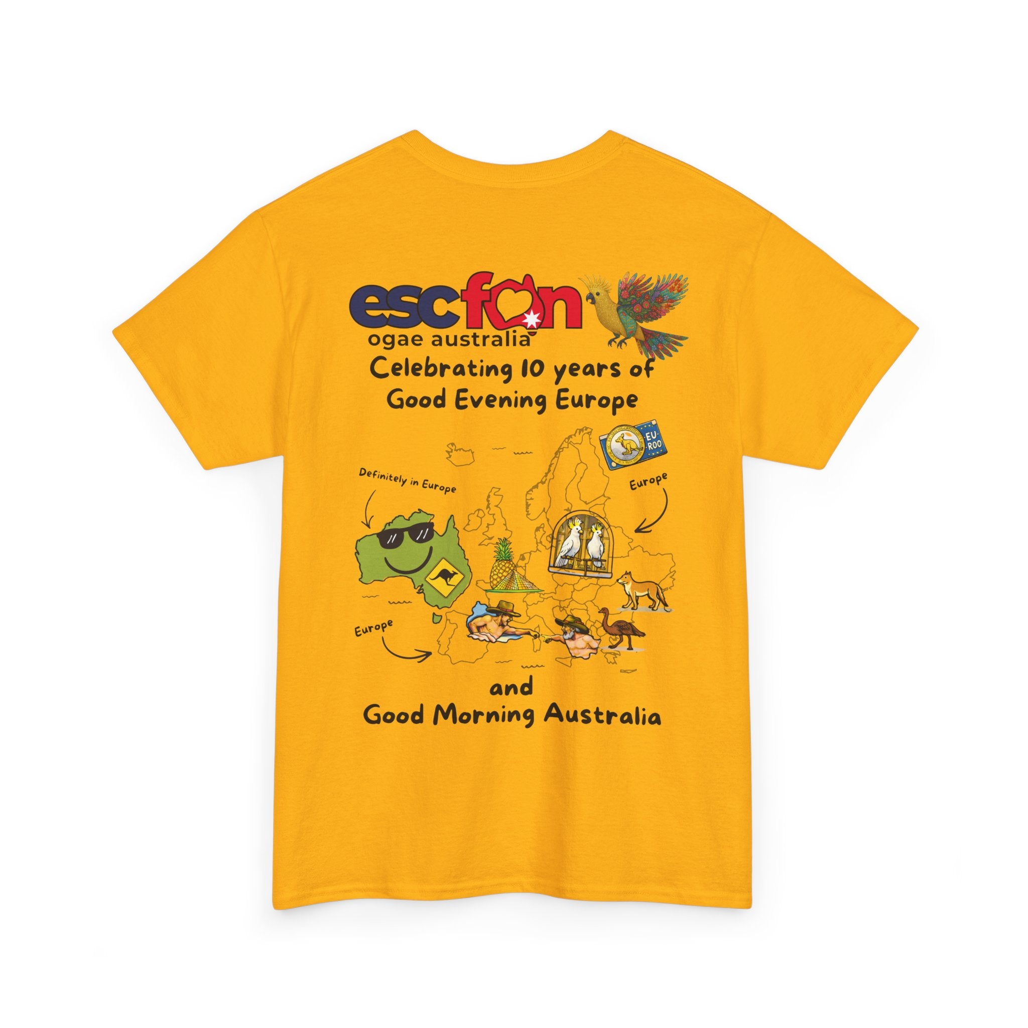 T-Shirt | 10 Year Anniversary - Back Print only - Black Logos | Good Evening Europe Good Morning Australia